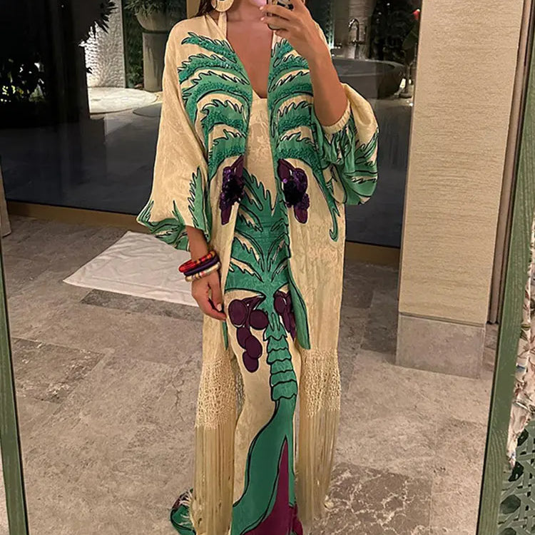 Fashion Spring Print V Neck Contrast Maxi Dress Women Chic Slim Fit Long Sleeve Vestidos Lady Elegant Vacation Streetwear Picture Color