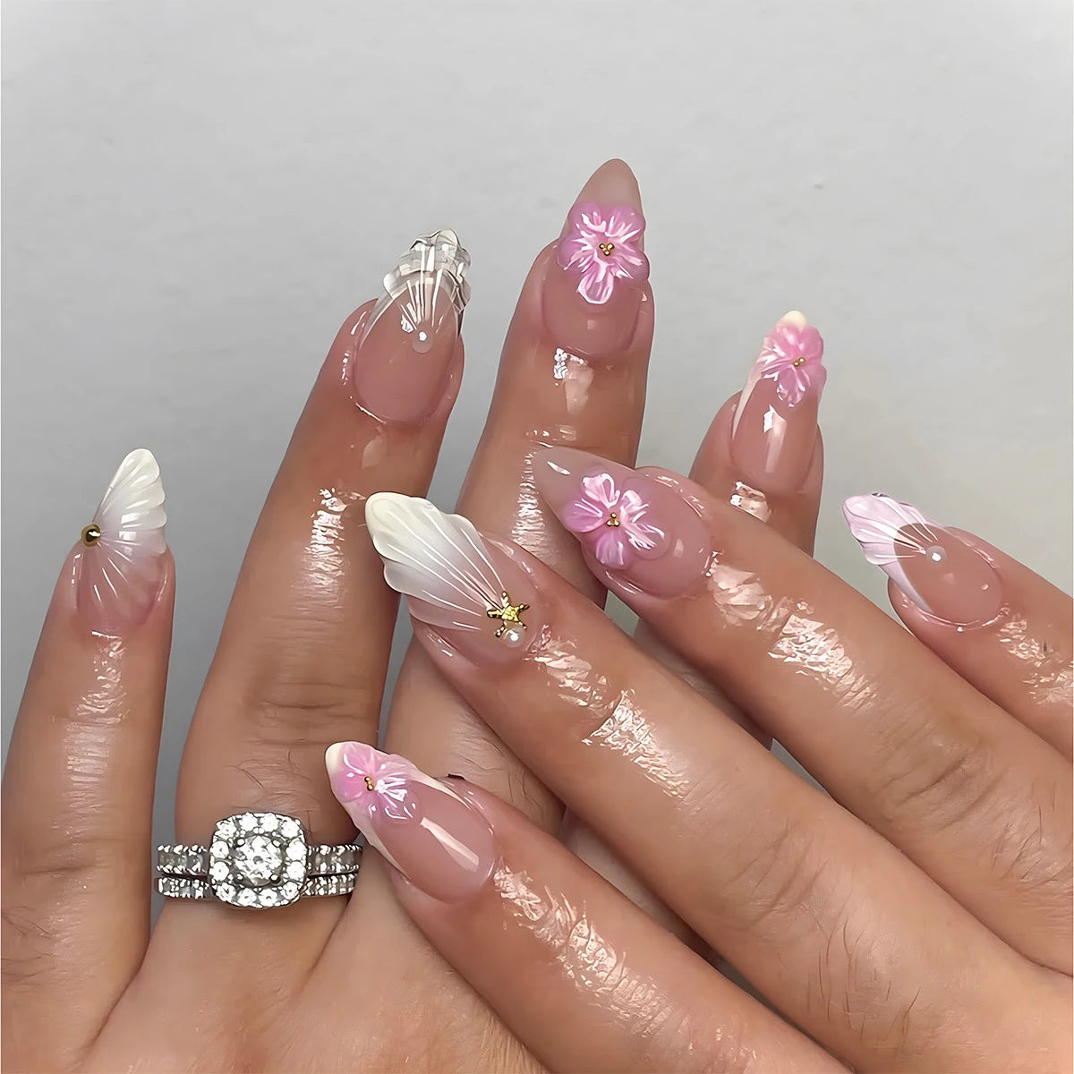 24Pcs/box Mid-length 3D Floral Pearl Design False Nail Sweet Flower Pattern Elegant Girls Wearing Press on Nails Manicure Tips 7