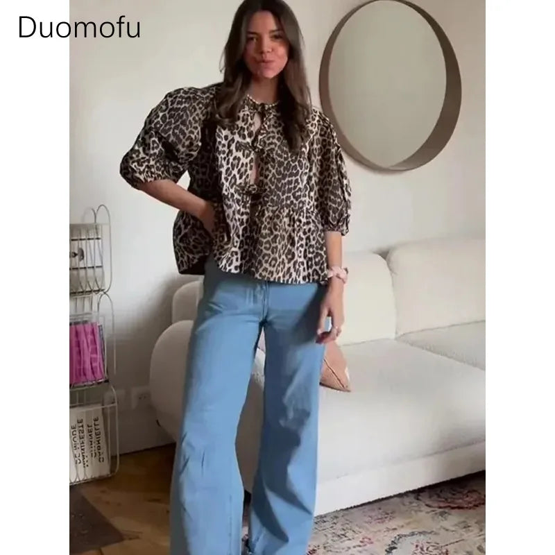 Duomofu Leopard Bow Lace Up Women Shirts Blouses Loose Y2K Puff Sleeve Pleat Shirt Top Summer New Cropped Lady Streetwear