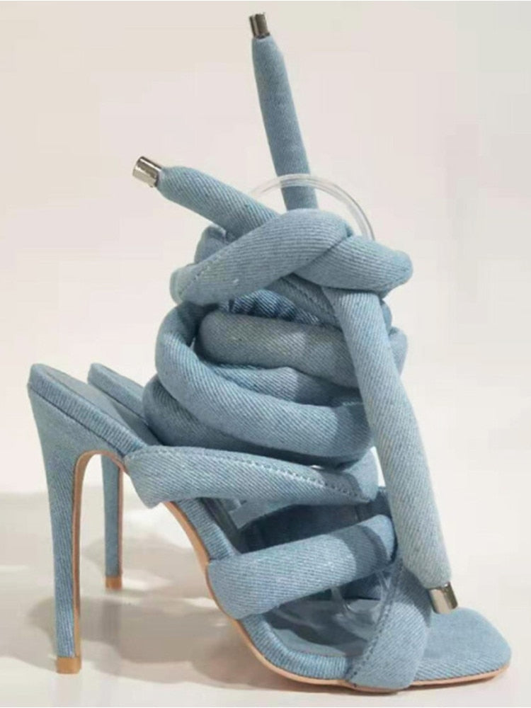 Summer New Square Head Slim High Heel Sandals Wrapped Around The Feet Fashion Show Dress 43 Large Women's Sandals Light blue de