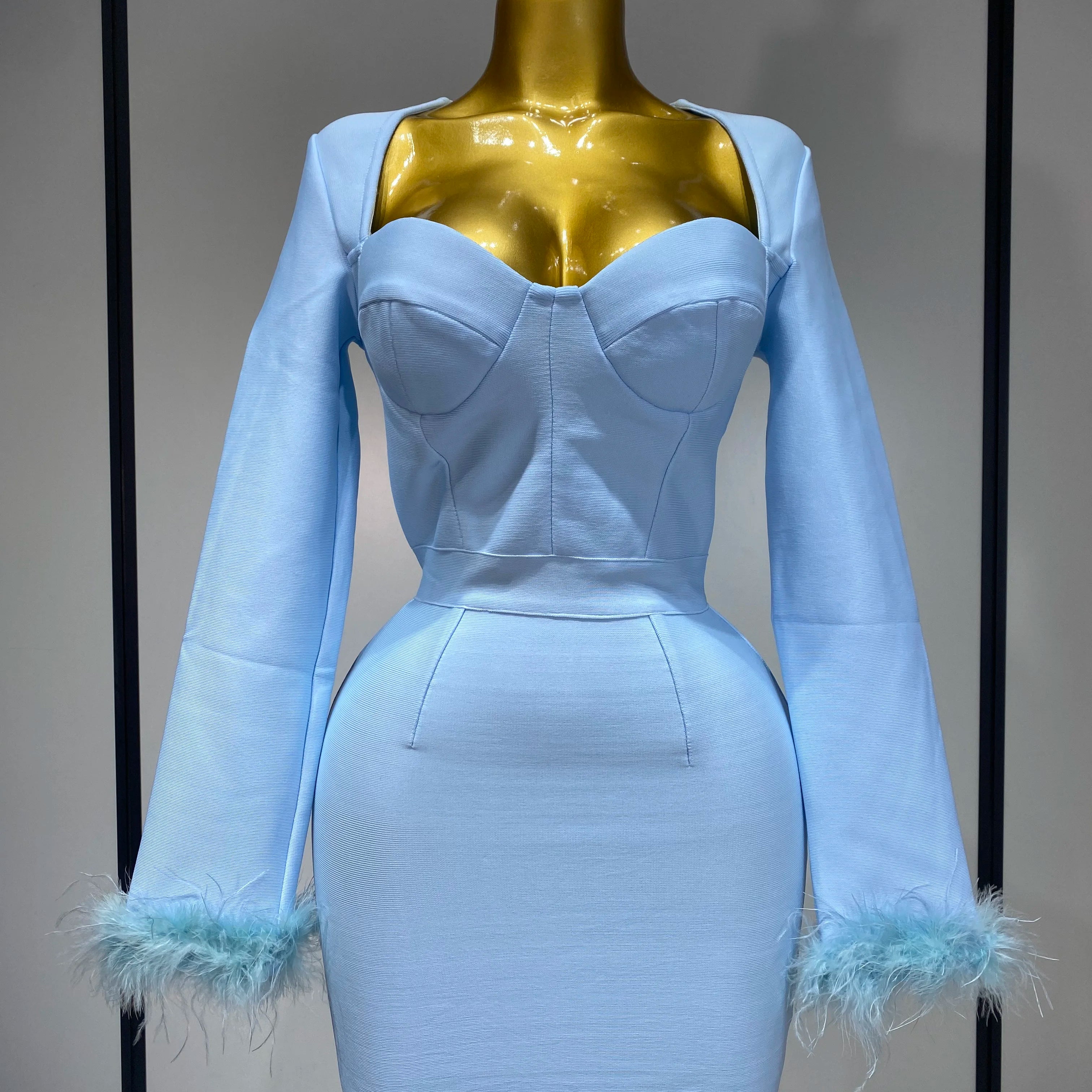 Women Fashion Sexy Long Sleeve Feathers Mini Bodycon Bandage Dress 2025 Elegant Evening Party Club Luxury Birthday Dresses SKY BLUE