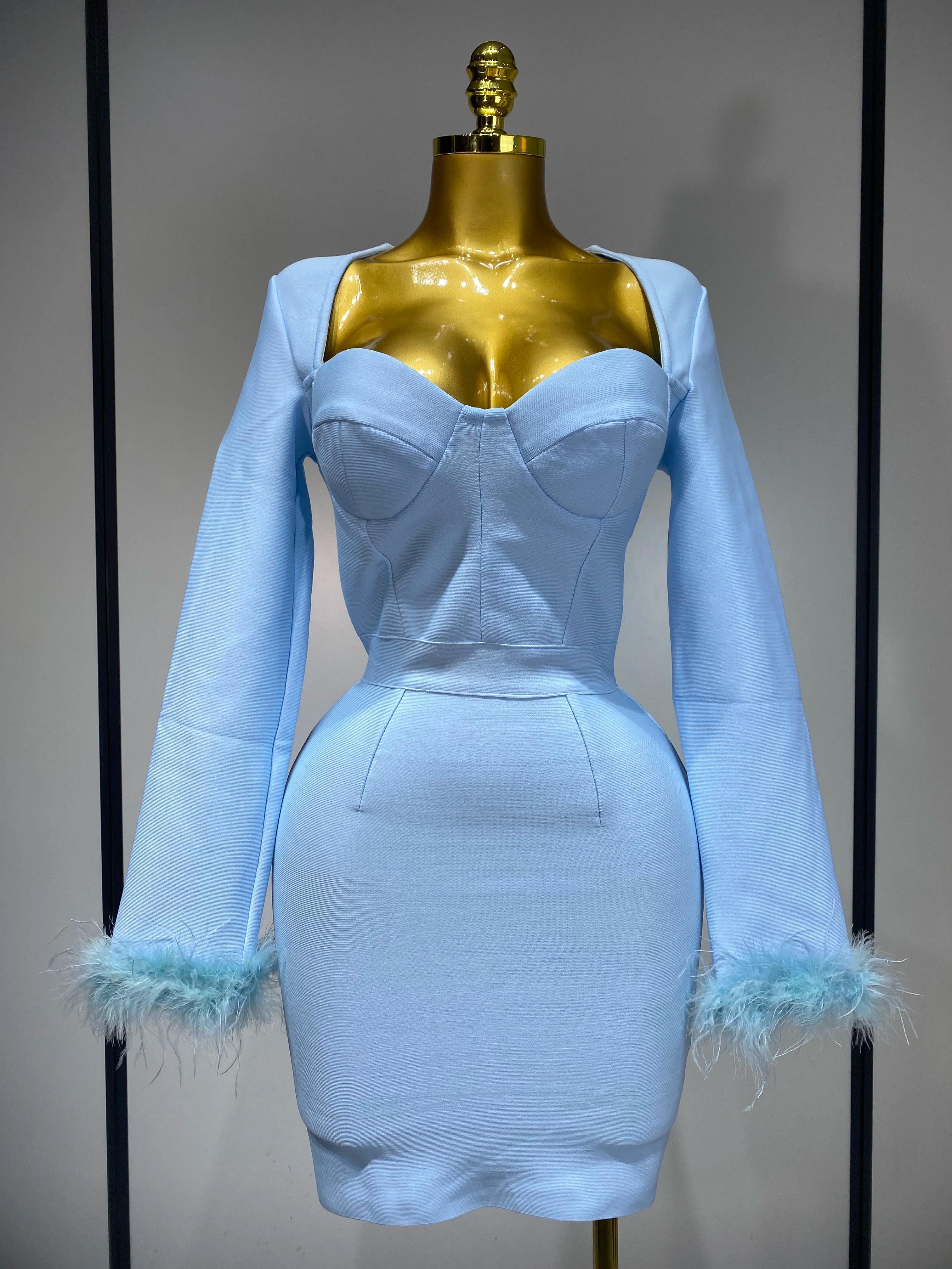 Women Fashion Sexy Long Sleeve Feathers Mini Bodycon Bandage Dress 2025 Elegant Evening Party Club Luxury Birthday Dresses SKY BLUE