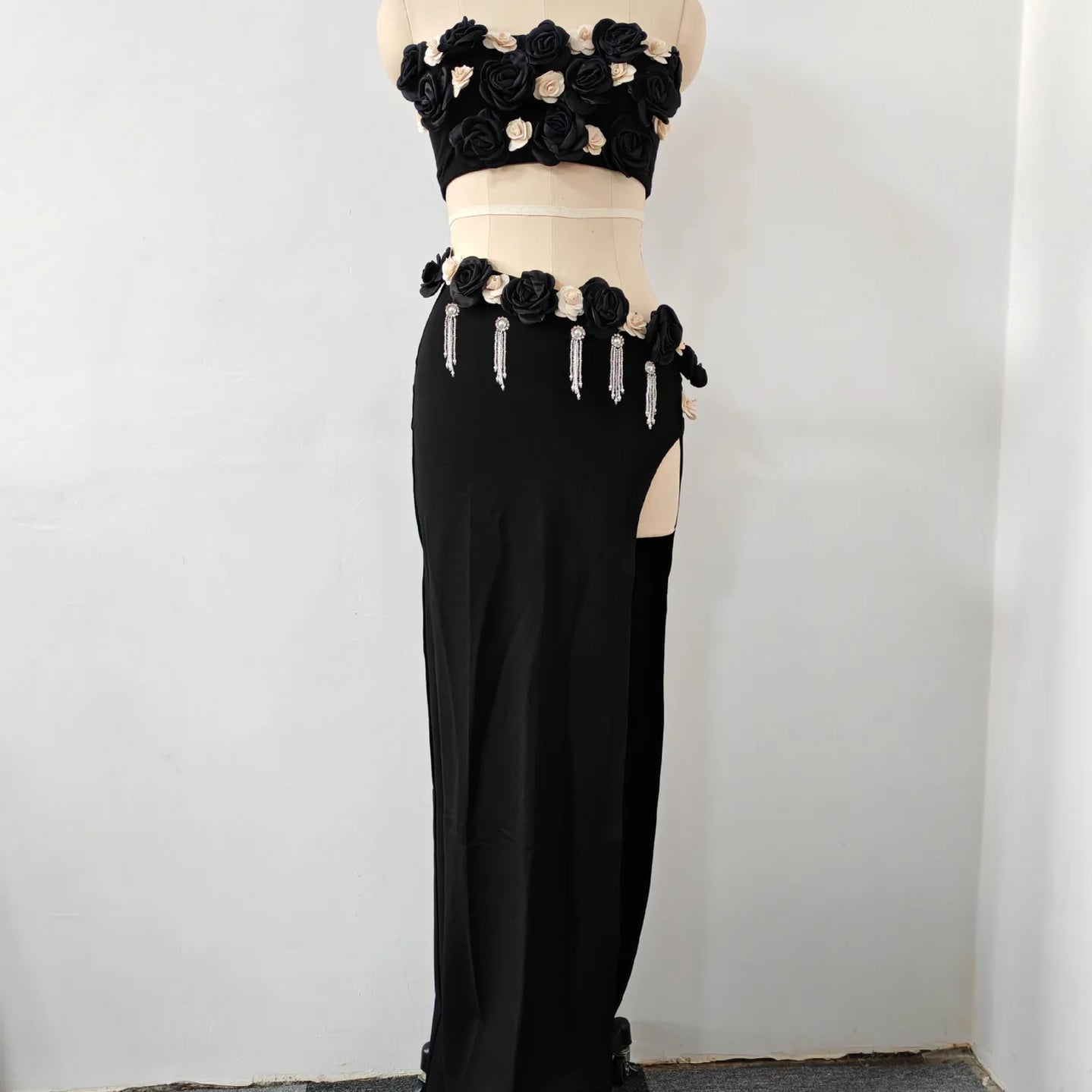 Black Color Women Sexy Strapless Florals 2 Pieces Bodycon Long Dress Girls' Vacation Birthday Party Nightclub Outfit