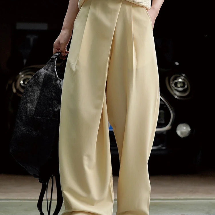 [LANMREM] Minimalism Irregular Pleated Pants Women Solid Straight Wide Leg Pants Korean Style Clothing Spring New 26D2368 Khaki