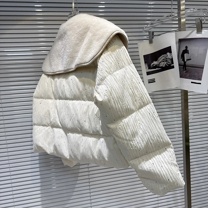 Winter New Sweet Fashion Fleece Sailor Collar Rhinestone Edge Heavy Cotton-padded Jacket For Women Warm Coat 11A07590