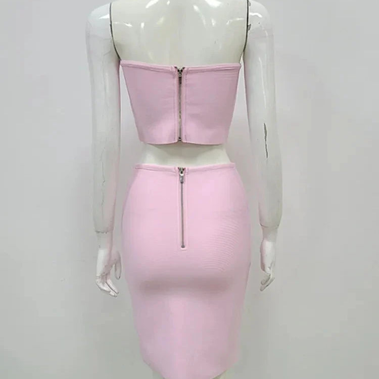 Women Summer Sexy Strapless Lace Diamonds Pink Mini Bandage Skirt Set Knitted Elegant Evening Cocktail Party Dresses