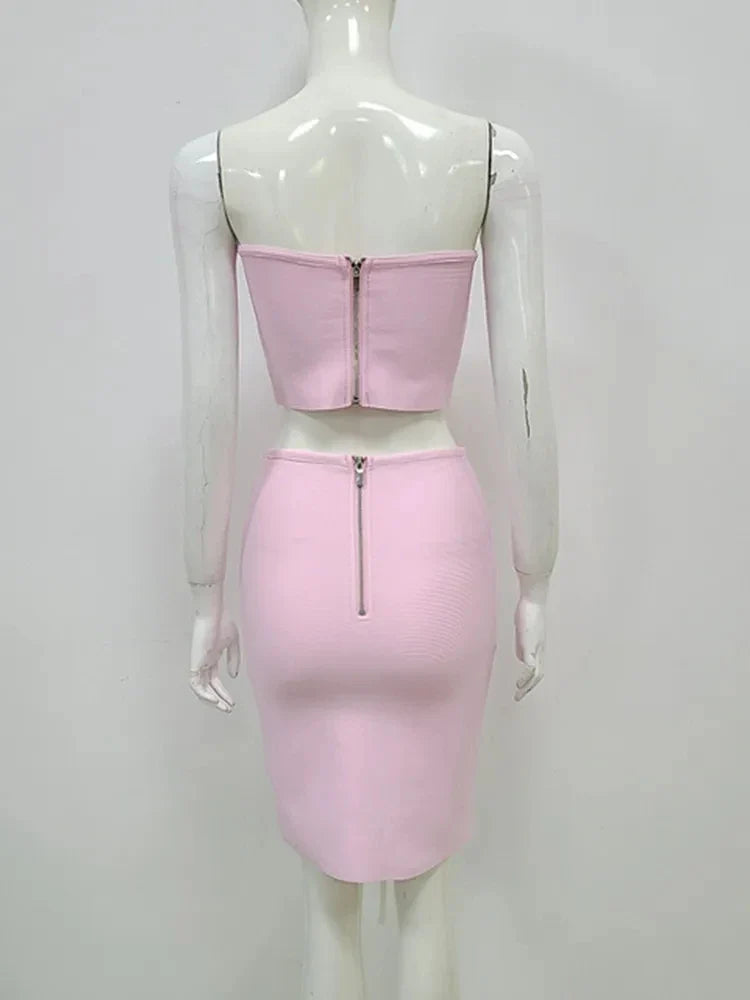 Women Summer Sexy Strapless Lace Diamonds Pink Mini Bandage Skirt Set Knitted Elegant Evening Cocktail Party Dresses