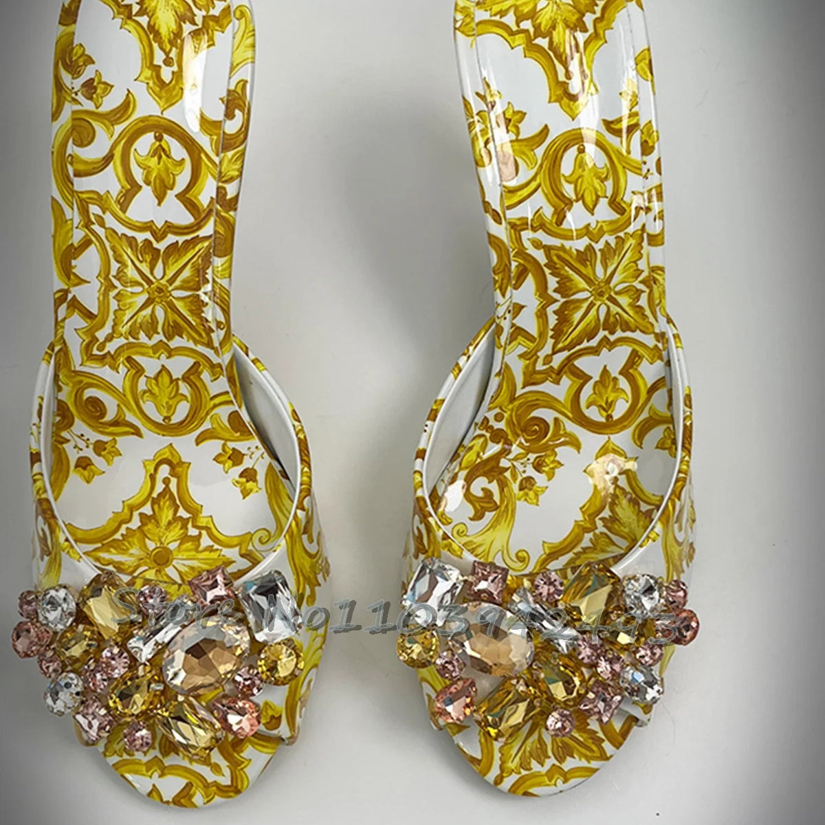 Elegant Summer Women's High Heel Baroque Print Jeweled Slides Sandals Baroque Fashion Crystal Embellished Open Back Shoes 2025