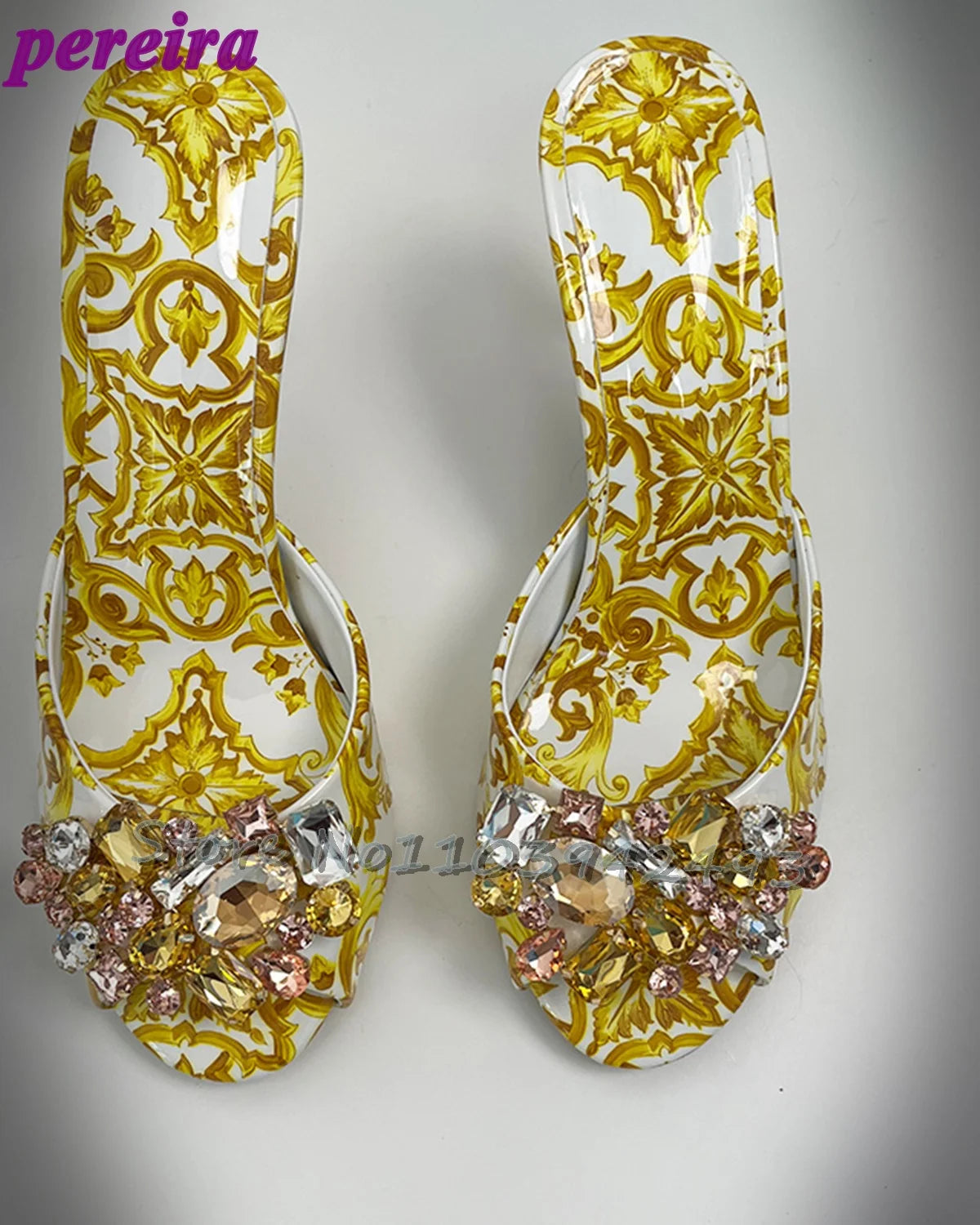 Elegant Summer Women's High Heel Baroque Print Jeweled Slides Sandals Baroque Fashion Crystal Embellished Open Back Shoes 2025