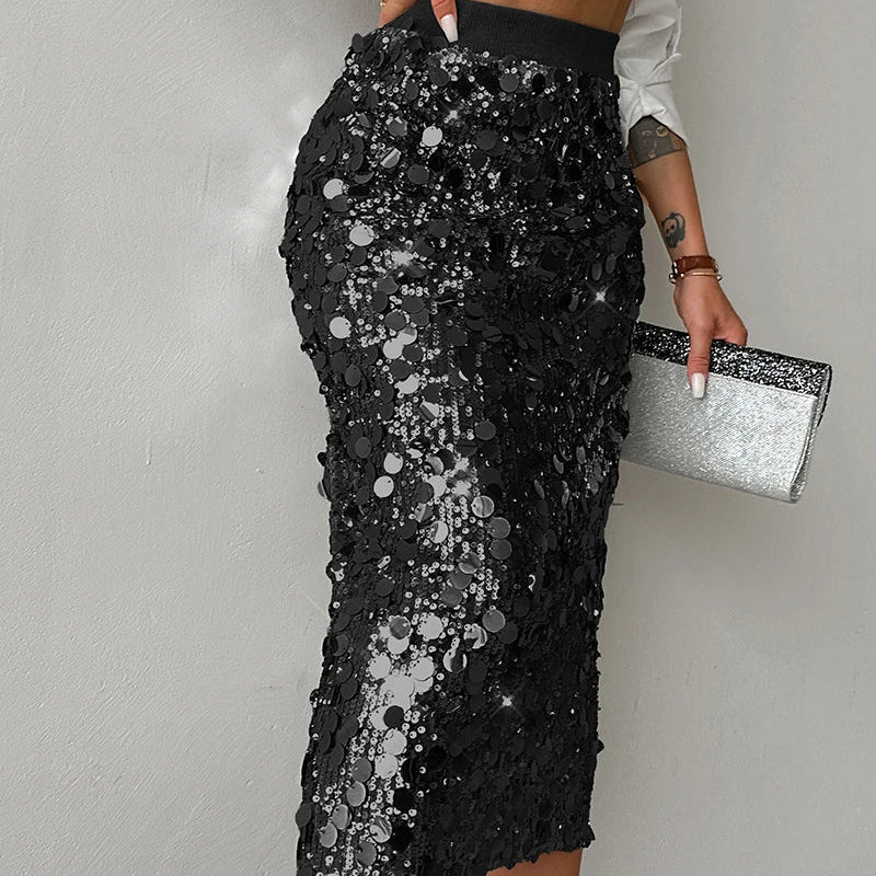 Allover Sequin Fashionable Midi-Calf Skirt black