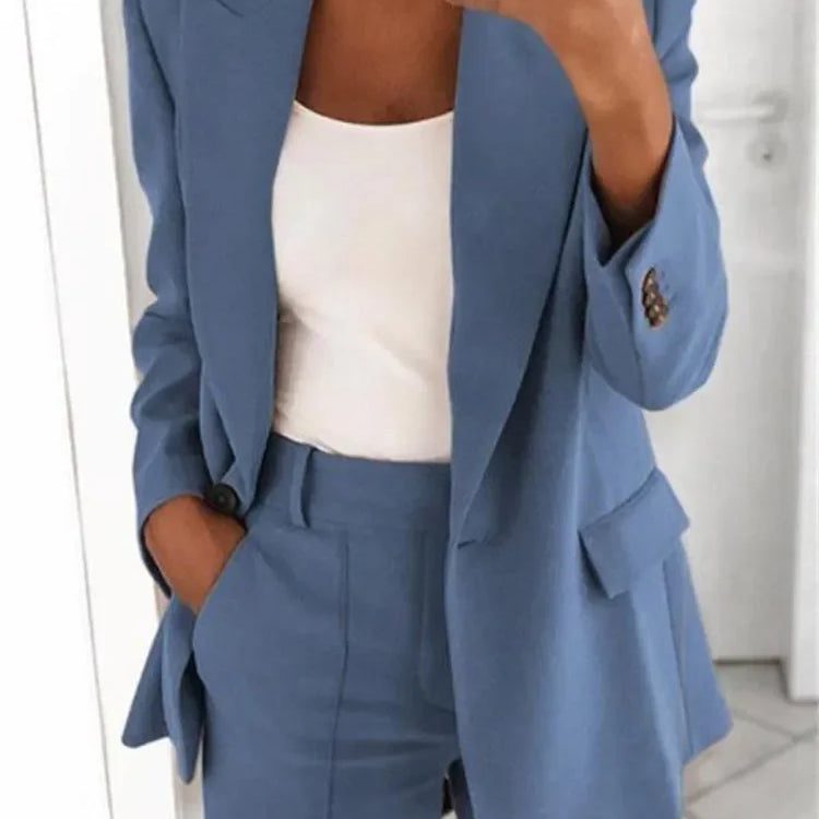 S-5XL Women's Blazer Casual Long-sleeved Top Solid Color Suit Collar Button Simple Temperament Commuter Plus Size Blazer blue TOP