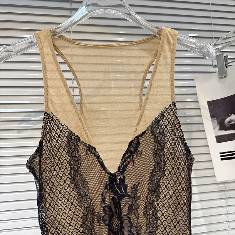 Winter New Fashion V-neck Lace Patchwork Slim Fit Mesh Camisole For Women Versatile Tank Tops Female Trend 11A07580