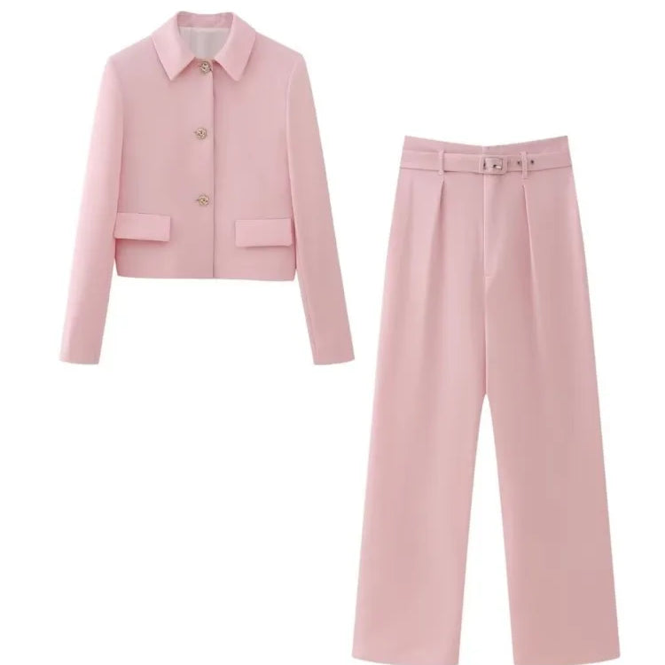 TRAF Spring Elegant Women Pink Y2K Short Blazer Metal Flower Button Long Sleeve Female Suit Jacket Turn Down Collar Tops Set 01-02