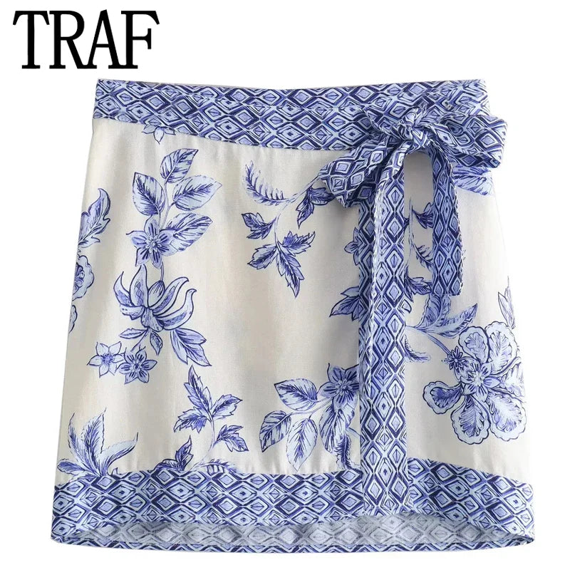 TRAF Mini Bow Skirts Women's Skirt Summer Print Mid Waist Coquette Floral Skirts Y2k Skirt All-Match Street Ladies Skirts