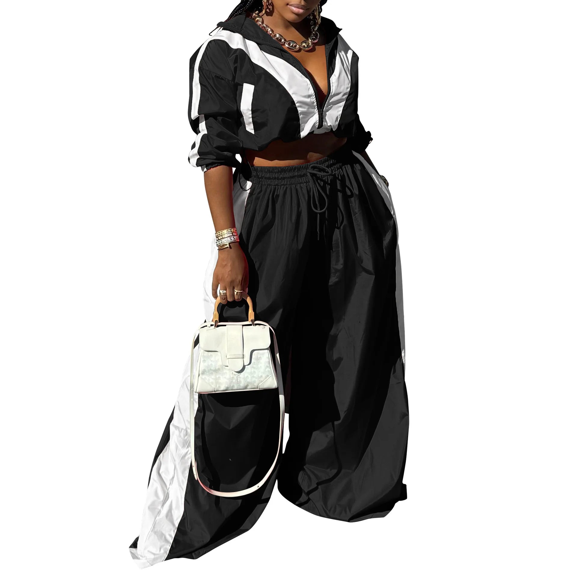 CM.YAYA Active Patchwork Women's Set Zipper Sweatshirt Jacket and Wide Leg Pants Suit 2025 INS Two 2 Piece Sets Outfit Tracksuit