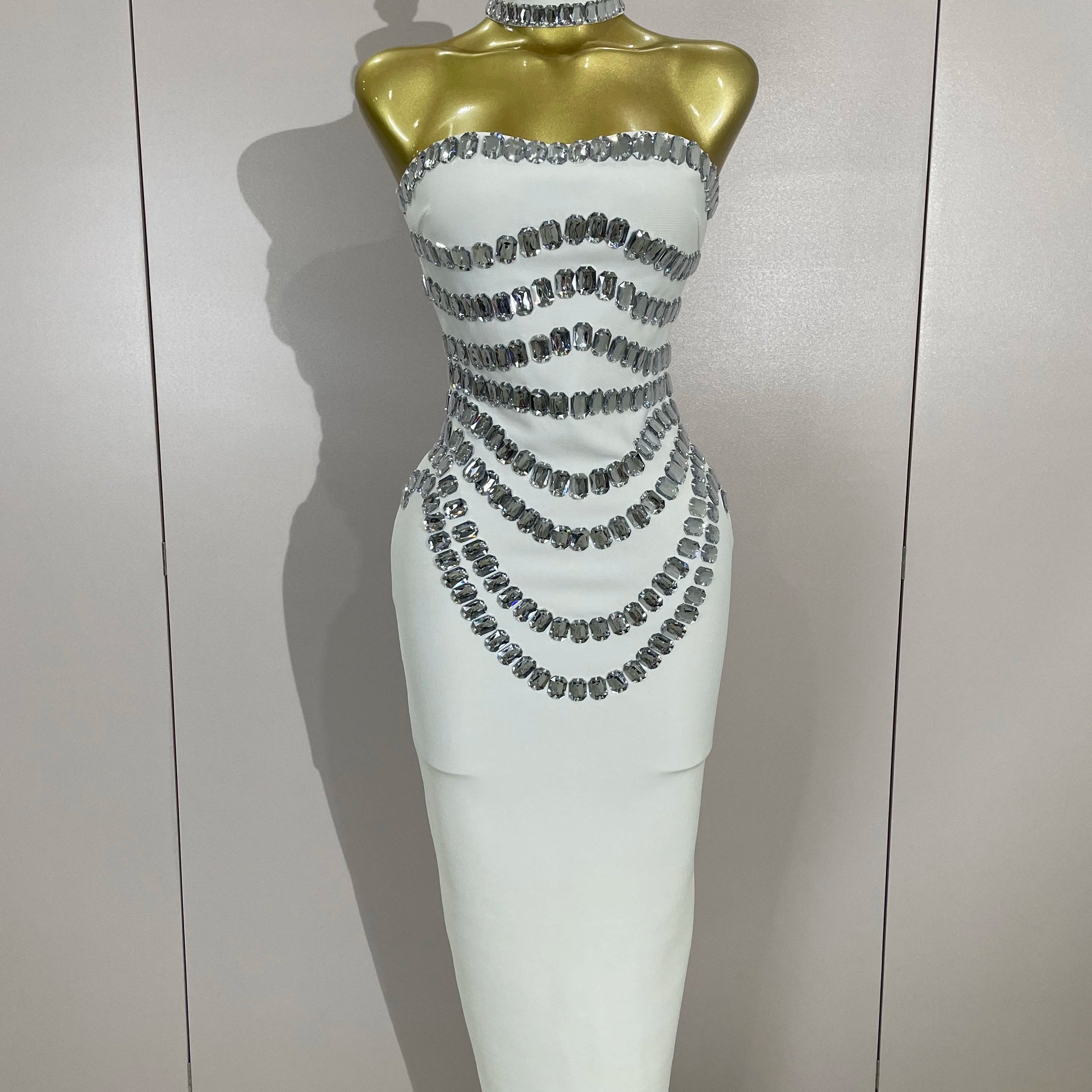 2025 Women Sexy Backless Strapless Black Beading Long Bandage Bodycon Dress Celebrity Elegant Evening Luxury Birthday Dresses WHITE