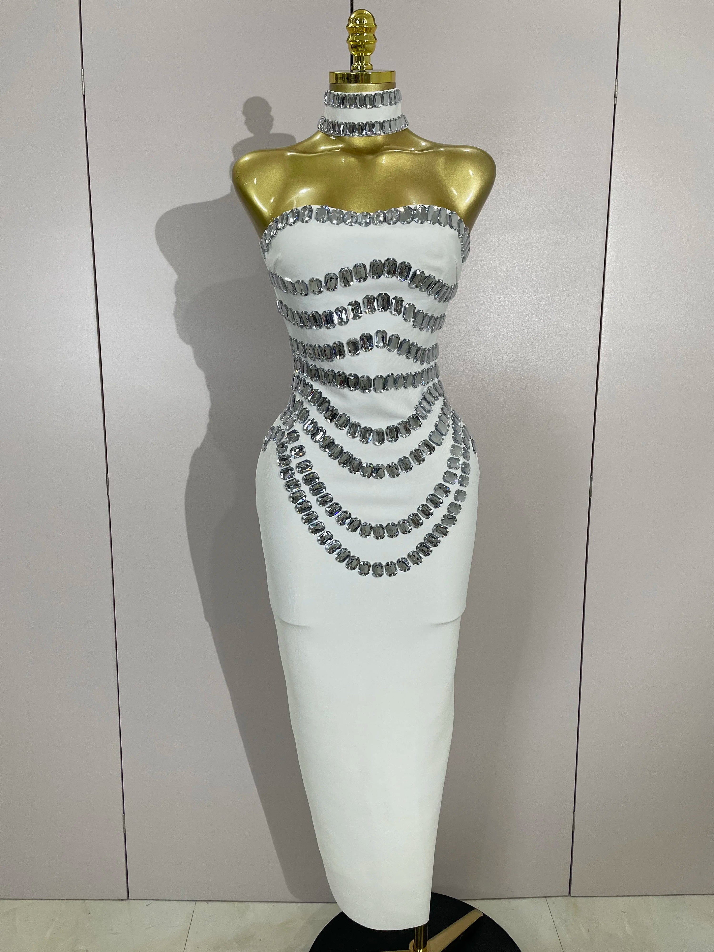 2025 Women Sexy Backless Strapless Black Beading Long Bandage Bodycon Dress Celebrity Elegant Evening Luxury Birthday Dresses WHITE