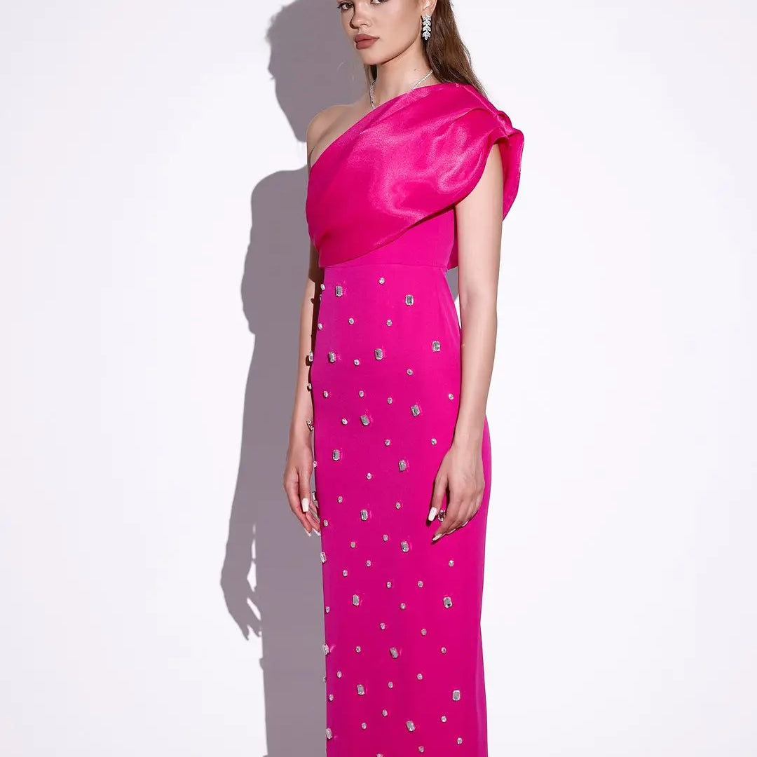 Rosered Black Color Women Sexy One Shoulder Shinning Crystal Bodycon Bandage Long Dress Celebrate Fashion Evening Party Outfit