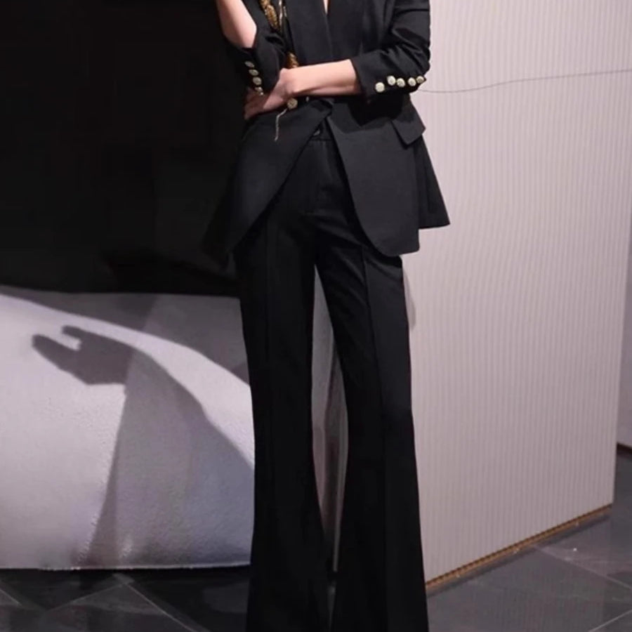 Solid Slimming Two Piece Sets for Women Lapel Long Sleeve Patchwork Bead Top High Waist Pant Temperament Set Female BLACK