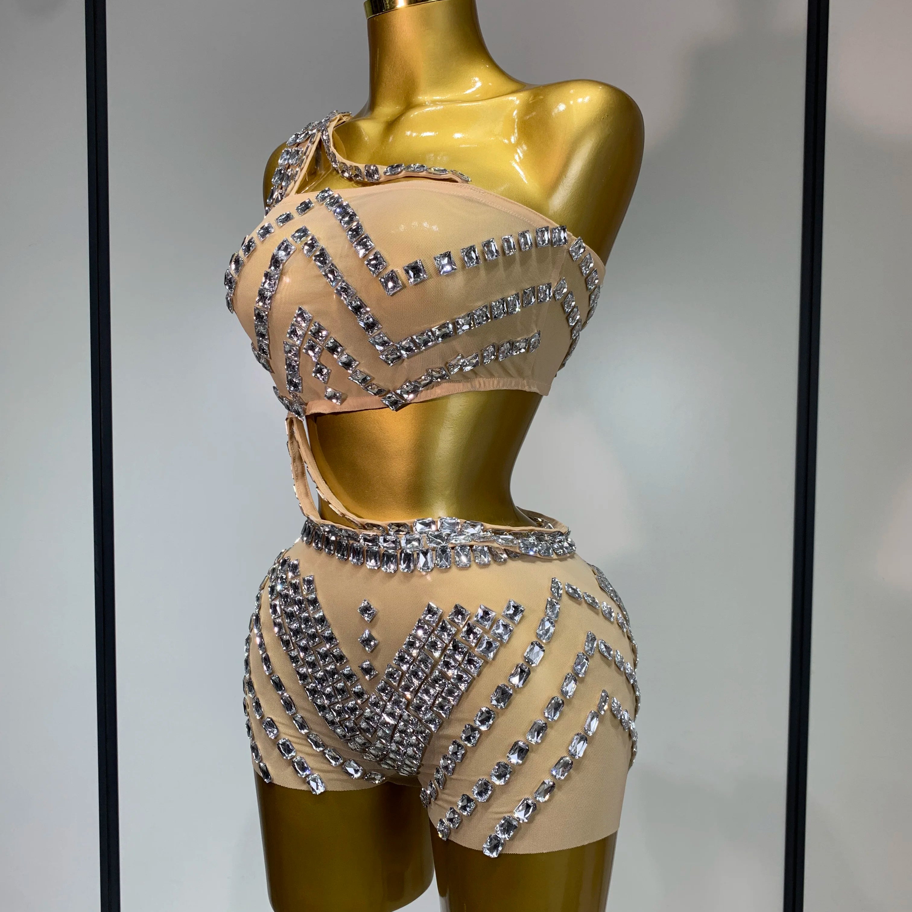 Luxury Diamonds Sexy Mesh Perspective Two Pieces Outfit Performance Dancer Singer Costume Nightclub Women's Set Birthday Wear