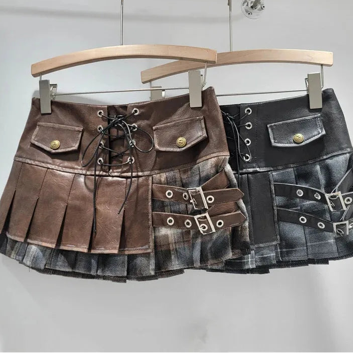 Spring New Fashion Fake Two-Piece PU Leather Patchwork Pleated Short Skirt For Women Side Zipper Skirts 11A07885