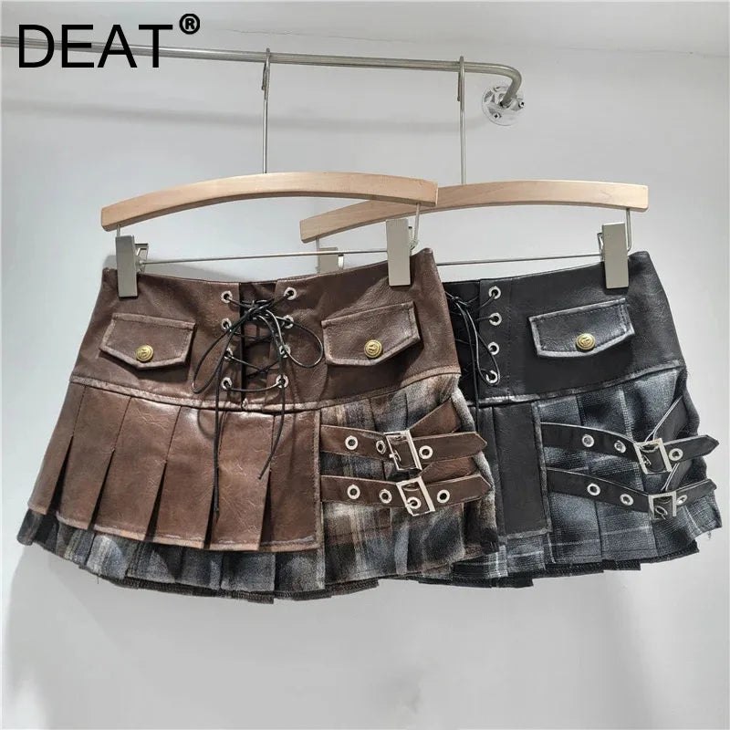 DEAT 2026 Spring New Fashion Fake Two-Piece PU Leather Patchwork Pleated Short Skirt For Women Side Zipper Skirts 11A07885