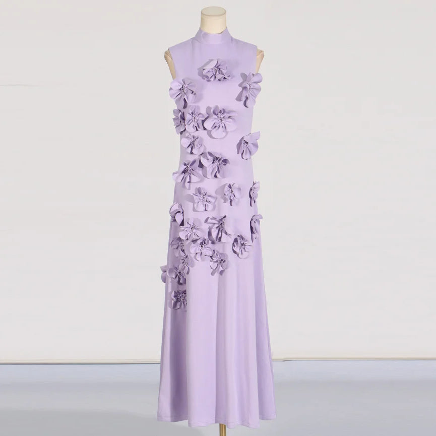 Patchwork Lace Up A Line Dress For Women Stand Collar Sleeveless High Waist Spliced Appliques Slim Dresses Female PURPLE