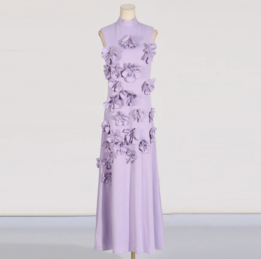 Patchwork Lace Up A Line Dress For Women Stand Collar Sleeveless High Waist Spliced Appliques Slim Dresses Female PURPLE
