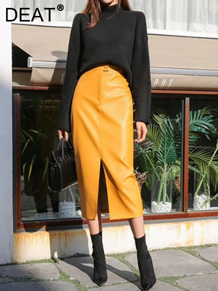 DEAT Fast Delivery New Fashion Korean Female PU Leather Mid-calf Length Spit Sexy High Waist Skirt AY095