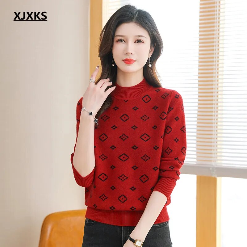 XJXKS 2024 Winter Warm Wool Knit Pullover Women's Turtleneck Sweaters Comforts Soft Knitwears Jumper Tops Red