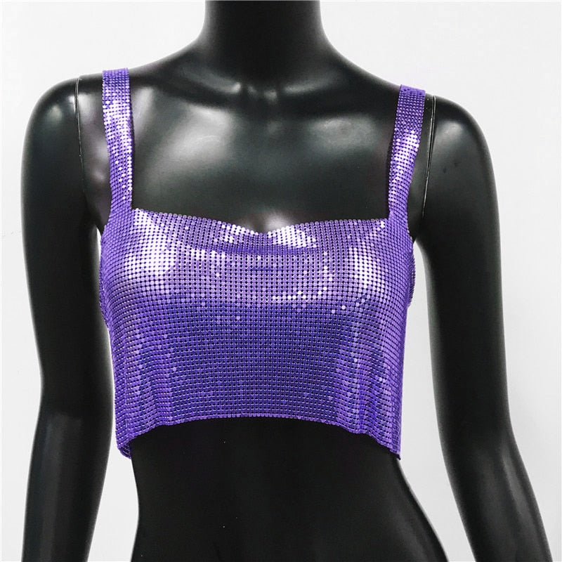 Sexy Metal Sequin Tank Top For Women y2k Summer Beach Backless Crop Top Rave Festival Club Outfits Camisole Purple One Size