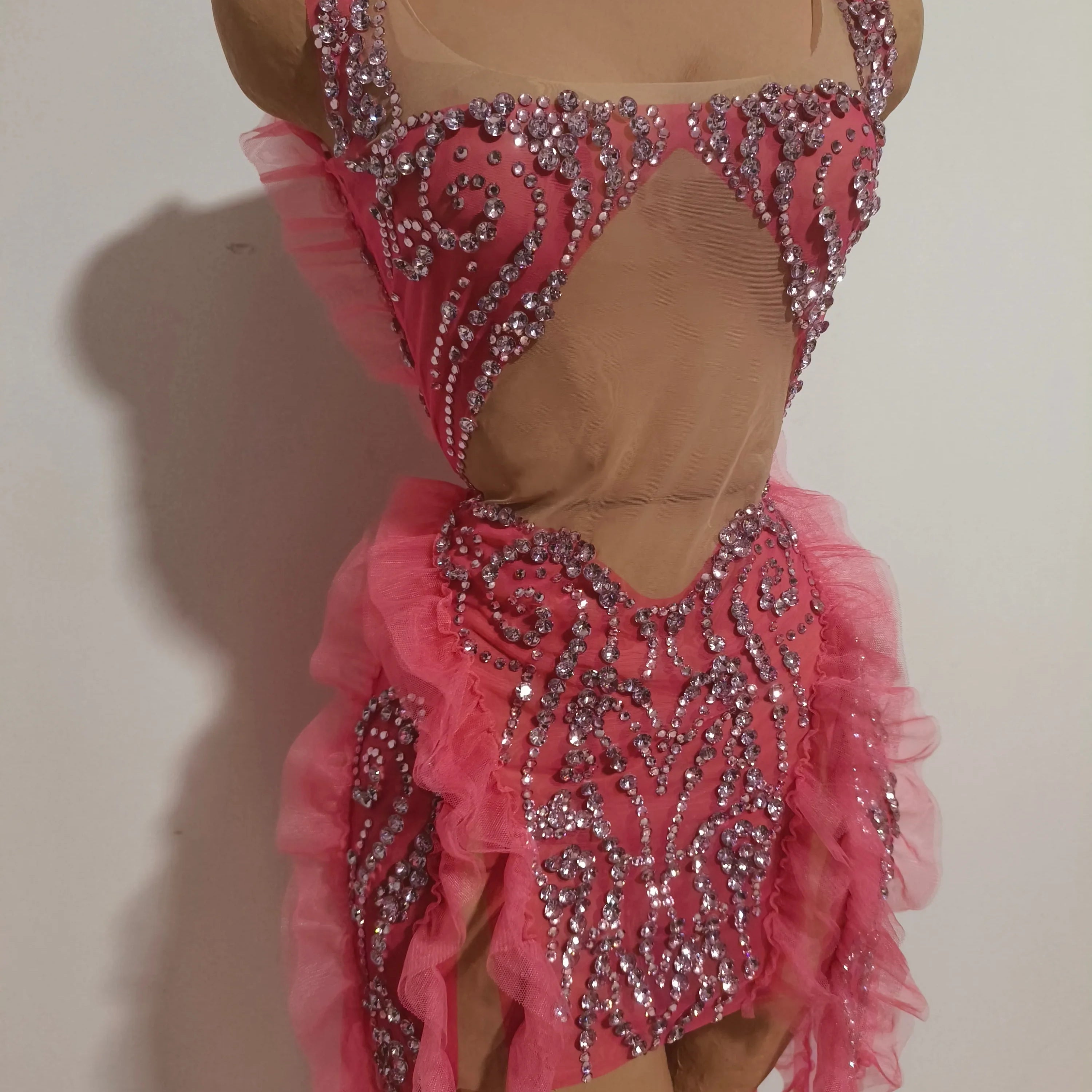 Elegant Pink Spaghetti Strap Mini Dress Women Sheer Mesh Rhinestone Ruffle Embellished Latin Dance Performance Costume