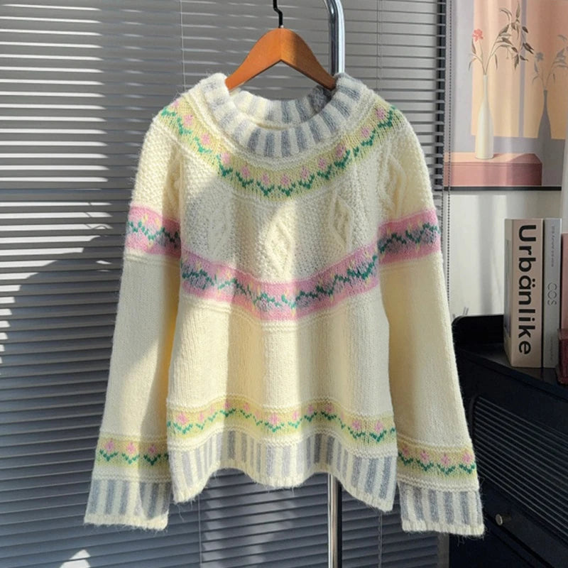 Autumn Winter New Round Neck Contrast Color Knit Sweater For Women Lazy Style Loose Contrast Color Pullover 11A07870 Apricot One Size