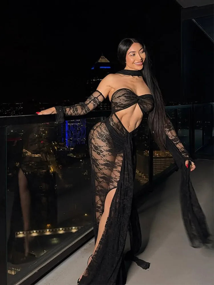 Sexy Lace See Through Black Long Dress Women Cut Out With Scarf Slim Fit Full Sleeve Maxi Dresses New Summer Evening Club Robes