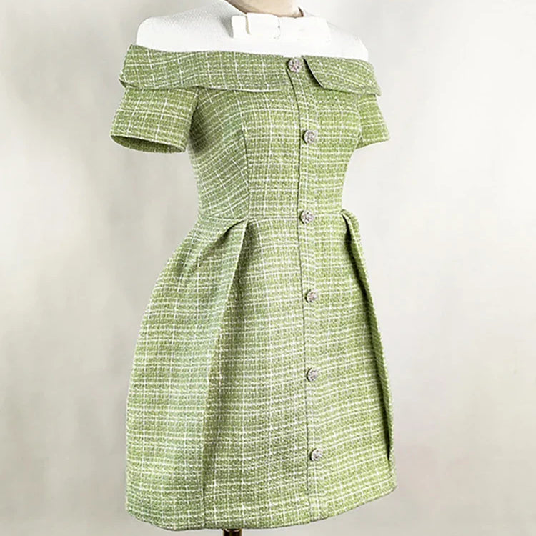 DEAT Women's Patchwork Tweed Dress Fashion Contrast Color Single Breasted High Waist Elegant Dresses Female New 13DB3854