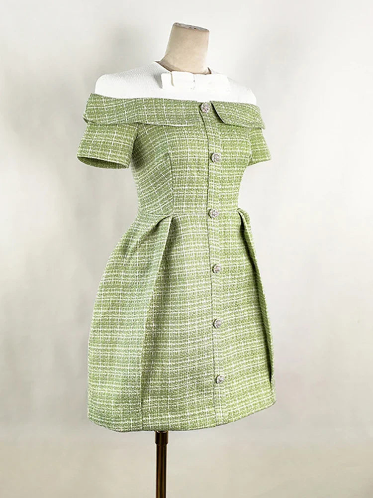 DEAT Women's Patchwork Tweed Dress Fashion Contrast Color Single Breasted High Waist Elegant Dresses Female New 13DB3854