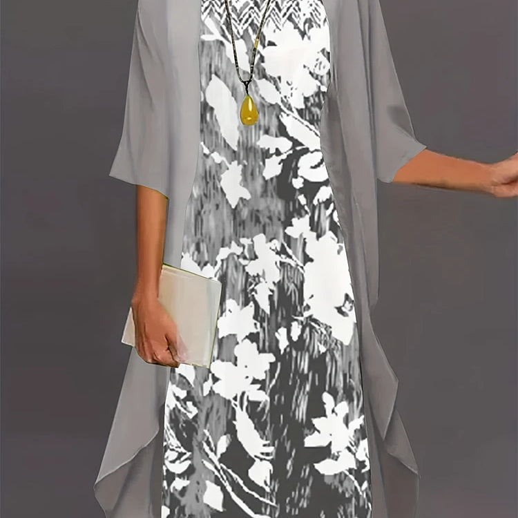 Plus Size 2024 Autumn New Women's Floral Printed Long Dress Printed Pattern Two-piece Dress Round Neck Temperament Elegant Dress Grey