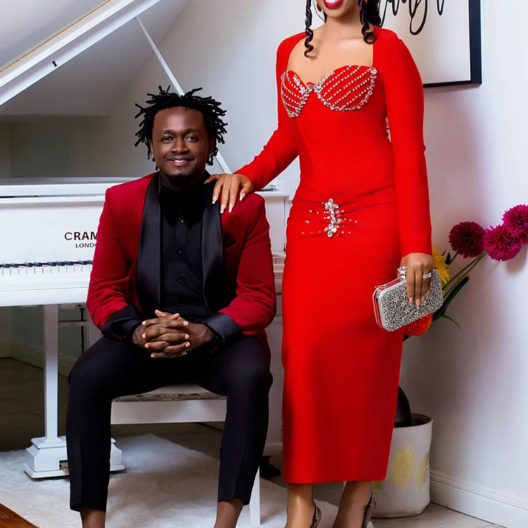 Radiant Red Long Sleeved Midi Dress with Crystal Embellishments for a Gala Event Evening Gown