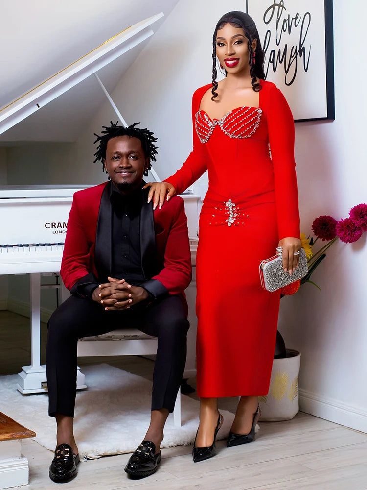 Radiant Red Long Sleeved Midi Dress with Crystal Embellishments for a Gala Event Evening Gown