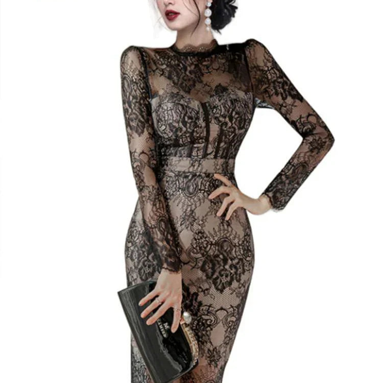 H Han Queen Autumn New See Through Lace Vestidos Korean Fashion Crochet Flowers Pencil Dress Elegant Simple Party Women Dresses