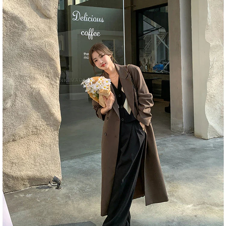 Autumn Long Coffee Flowy Blazer Coat Women with Back High Slit Double Breasted Loose Casual Korean Fashion Overcoat 2024 Coffee