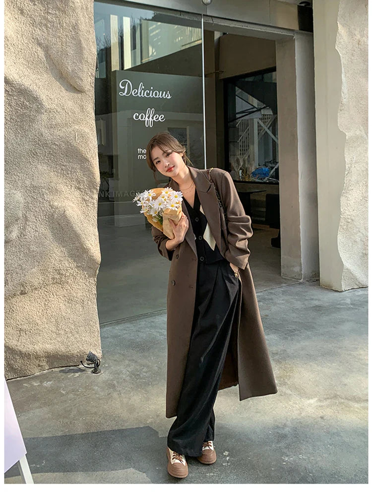 Autumn Long Coffee Flowy Blazer Coat Women with Back High Slit Double Breasted Loose Casual Korean Fashion Overcoat 2024 Coffee