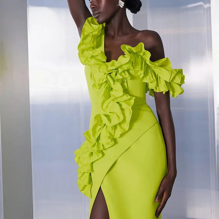 Women Sexy One Shoulder Ruffles Neon Green Split Maxi Long Bandage Maxi Dress Elegant Evening Club Party Cocktail Outfits