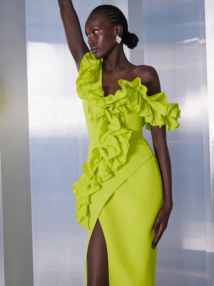 Women Sexy One Shoulder Ruffles Neon Green Split Maxi Long Bandage Maxi Dress Elegant Evening Club Party Cocktail Outfits