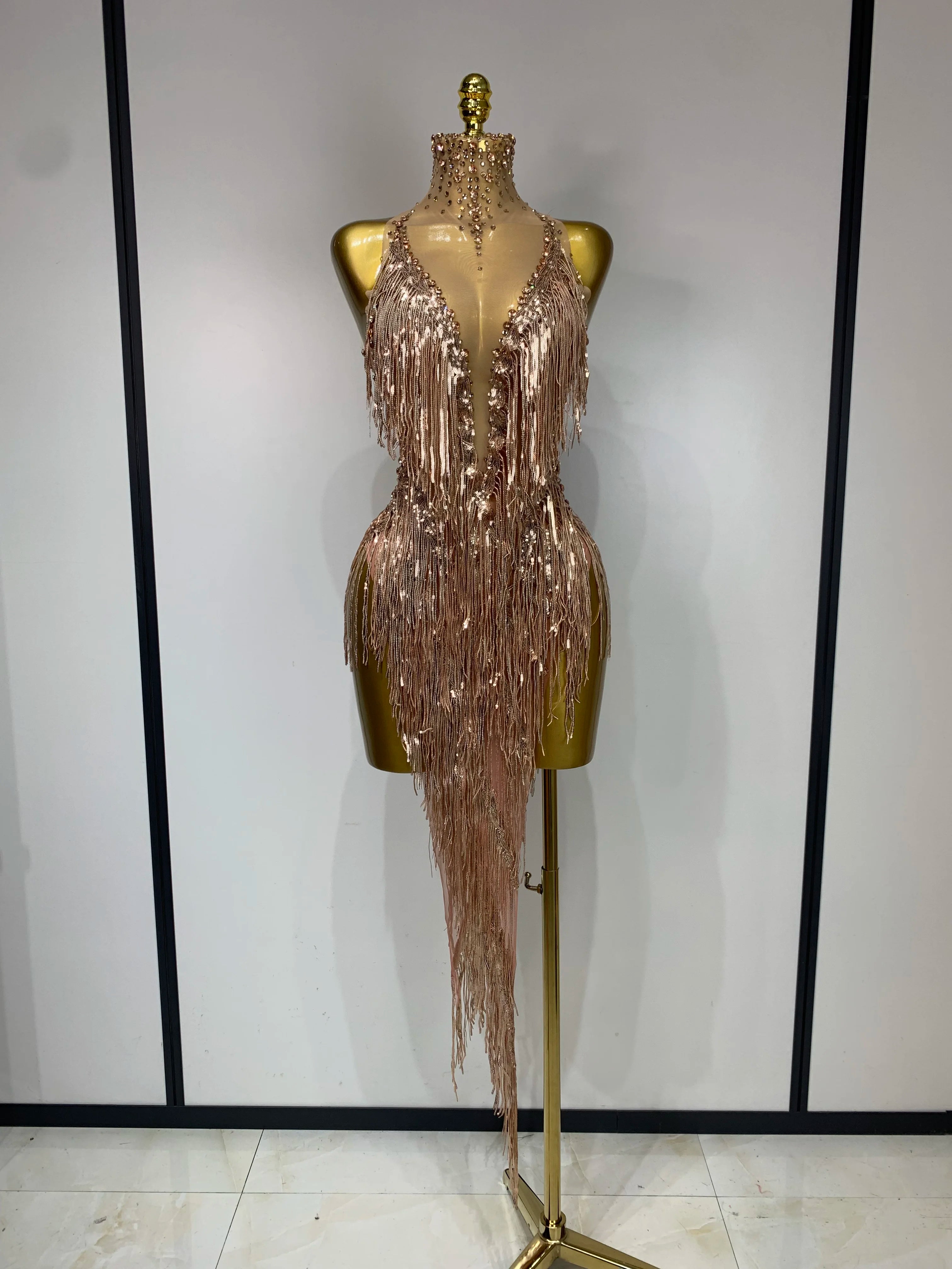 Women Sexy Stretch Mesh Sparkly Rhinestone Tassels Mini Dress Nightclub Singer Dance Stage Costume Evening Party Birthday Gowns Champagne