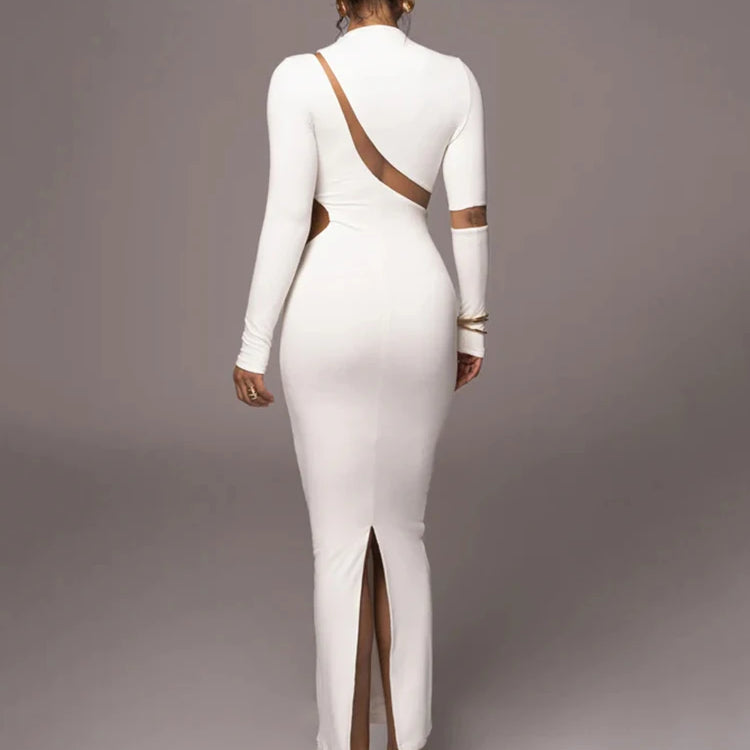 Turtleneck Long Sleeve Bodycon Maxi Dress For Women Autumn New Patchwork Hollow Out Club Party Sexy Long Dress Vestidos