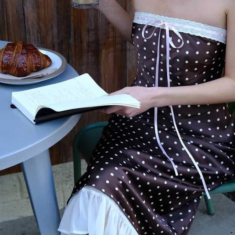 Lace Strapless Backless Sexy Midi Dress For Women Fashion Off-shoulder Sleeveless Bodycon Polka Dot Dress Elegant