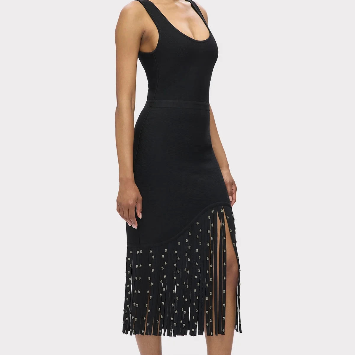 Top Quality Women Sleeveless Sexy O-Neck Shinning Crystal Tassel Bodycon Mid-calf Dress Fashion Celebrate Evening Party Outfit