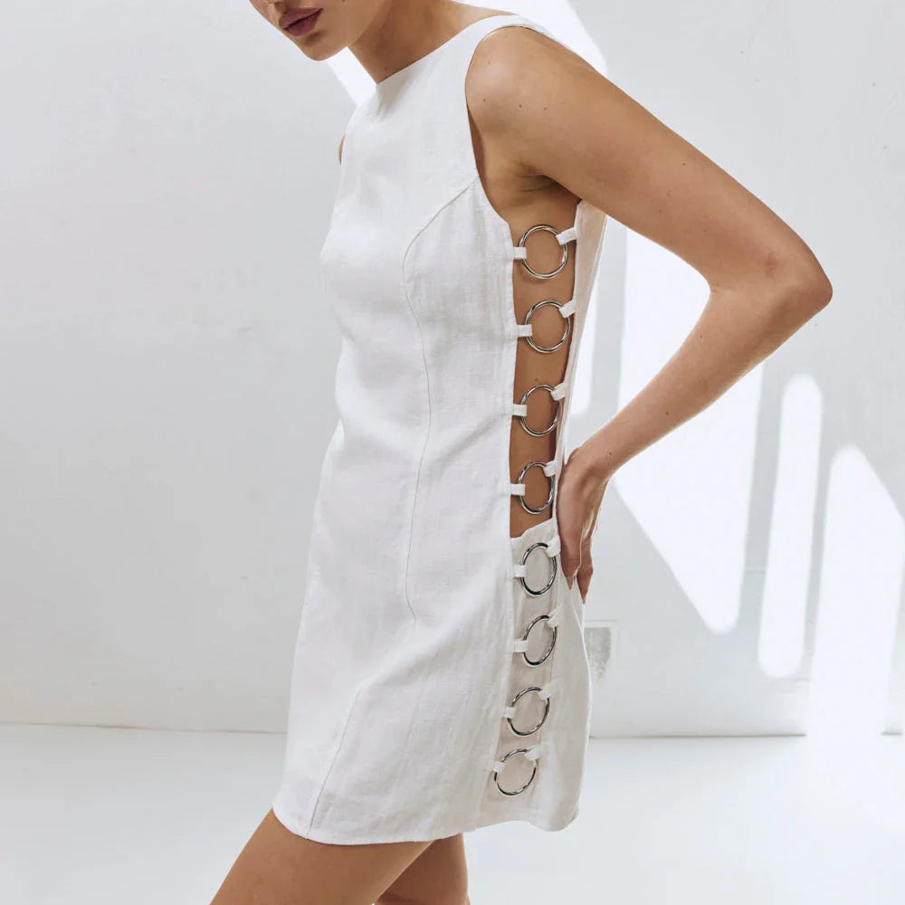 Hollow Out Spliced Circle Dresses For Women Round Neck Sleeveless High Waist Slimming Tunic Mini Dress Female New