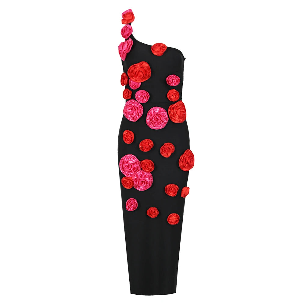 Red Flowers Strapless Black Bandage Ankle Length Dress Elegant Woman Evening Party Dress Cocktail Party Vestido black